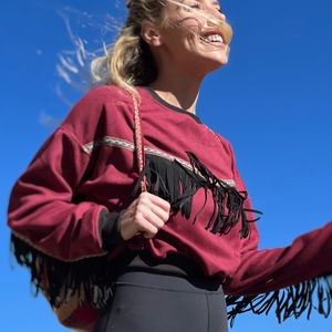 One of a kind, Peruvian, maroon fringe sweat shirt